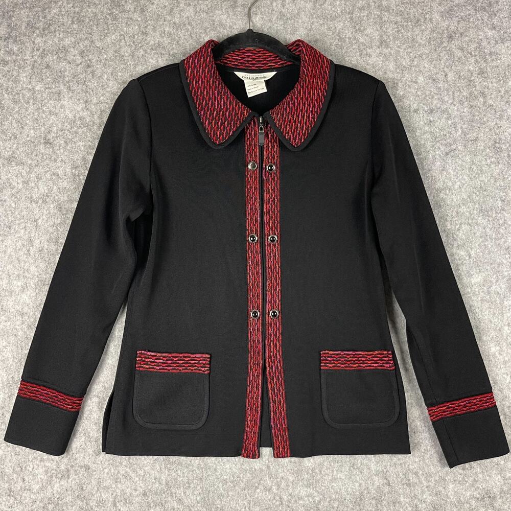 Exclusively Misook Cardigan Sweater Jacket Womens XS Black Red Zip Front Classic